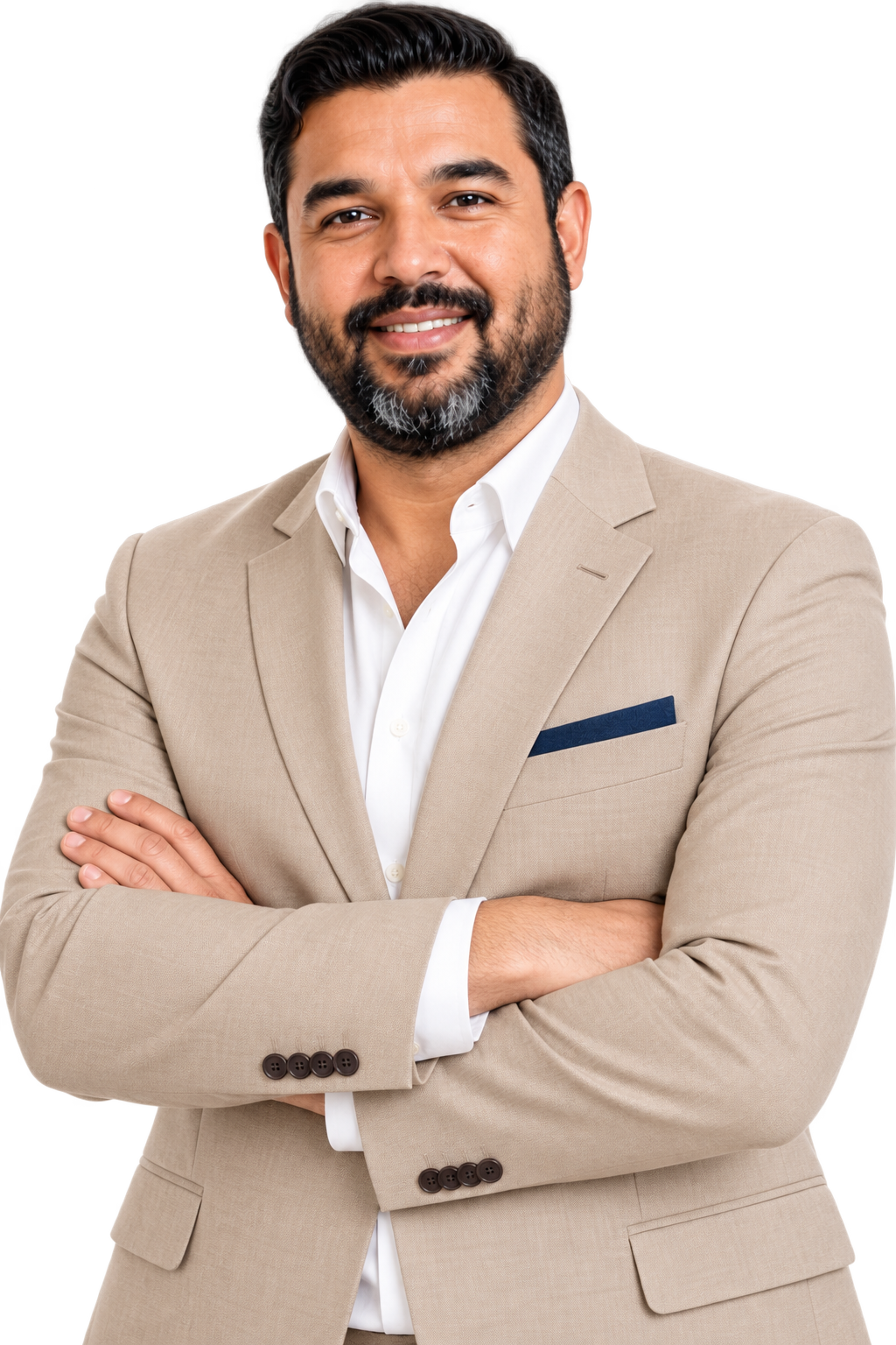 Edwin Inayat in a beige suit