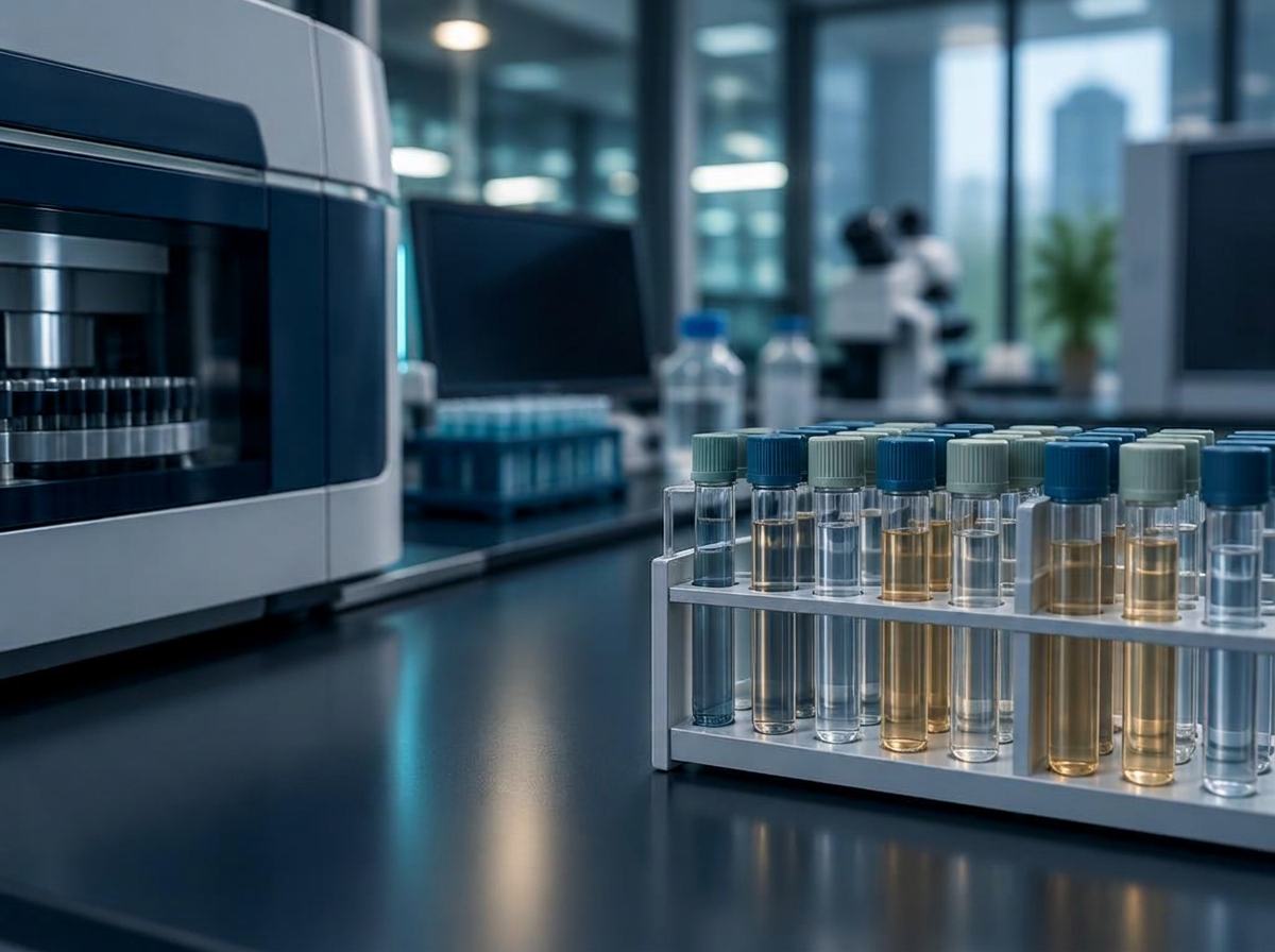 Modern laboratory with analysis equipment and a rack of sealed sample tubes