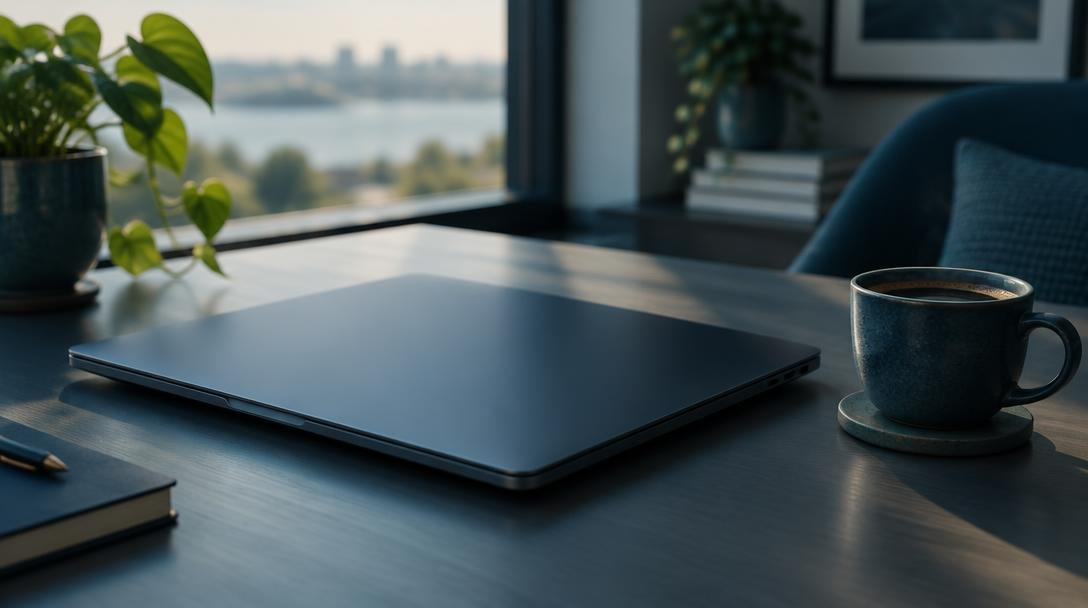 A closed laptop and a cup of coffee on a clean desk in soft daylight