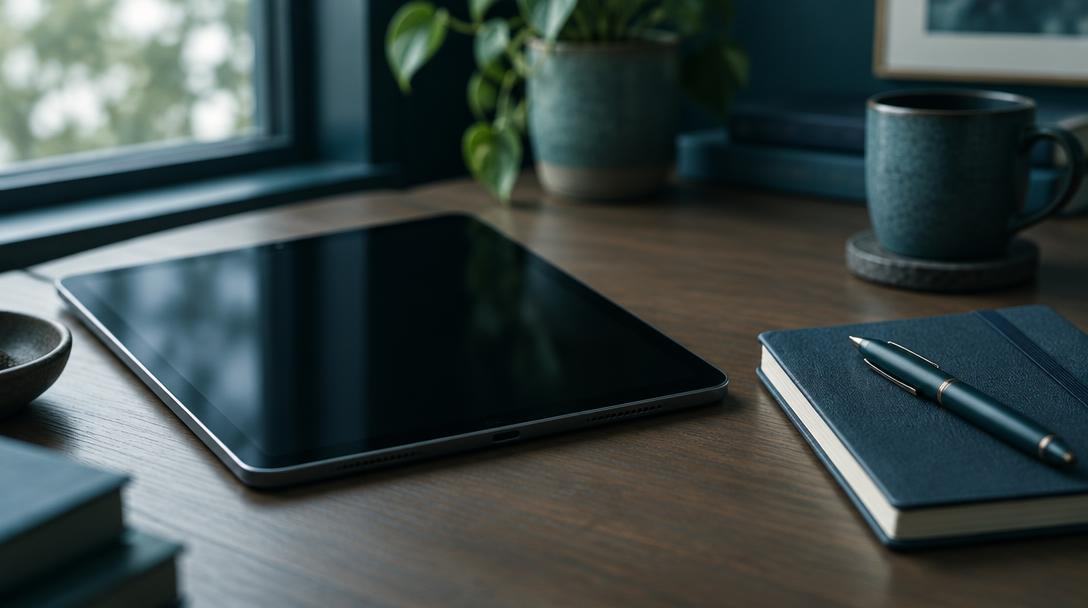 A tablet resting on a desk beside a notebook and pen