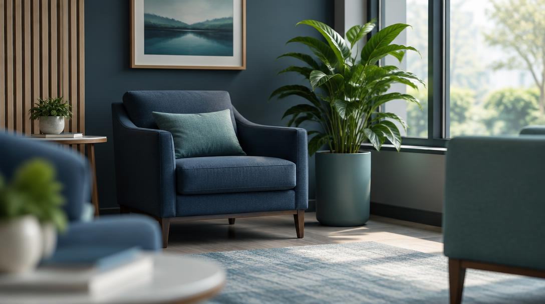 A calm clinic waiting area with a comfortable armchair and a plant