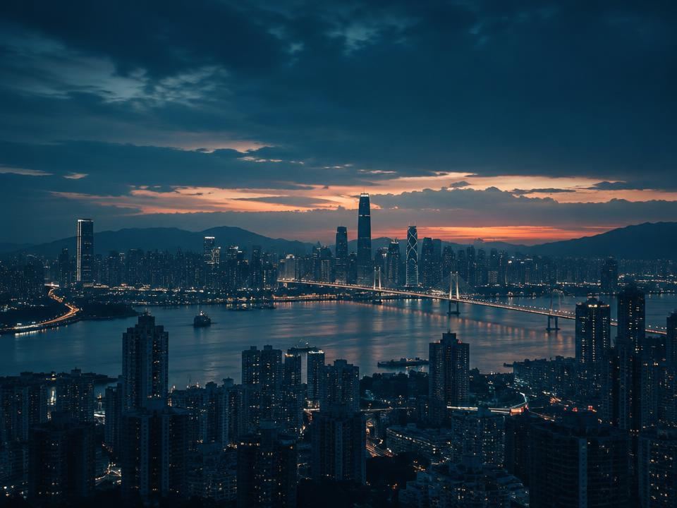 Far-eastern city skyline and harbour bridge at dusk
