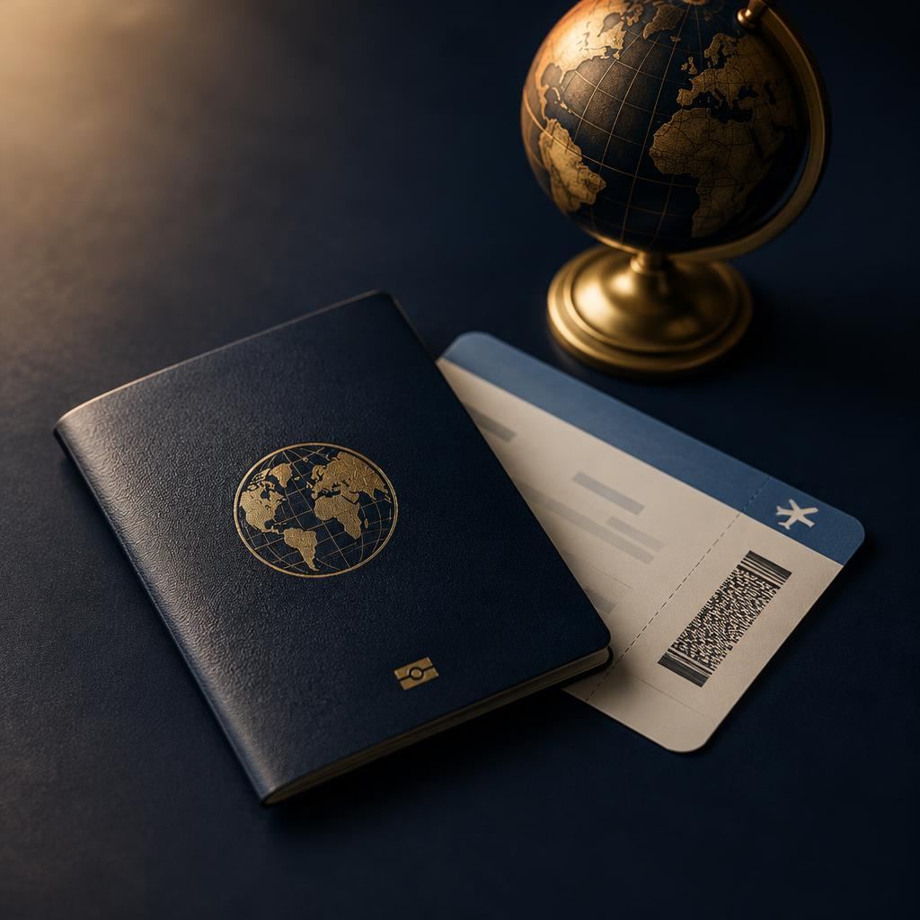 Passport, boarding pass and a small brass globe on a dark navy surface